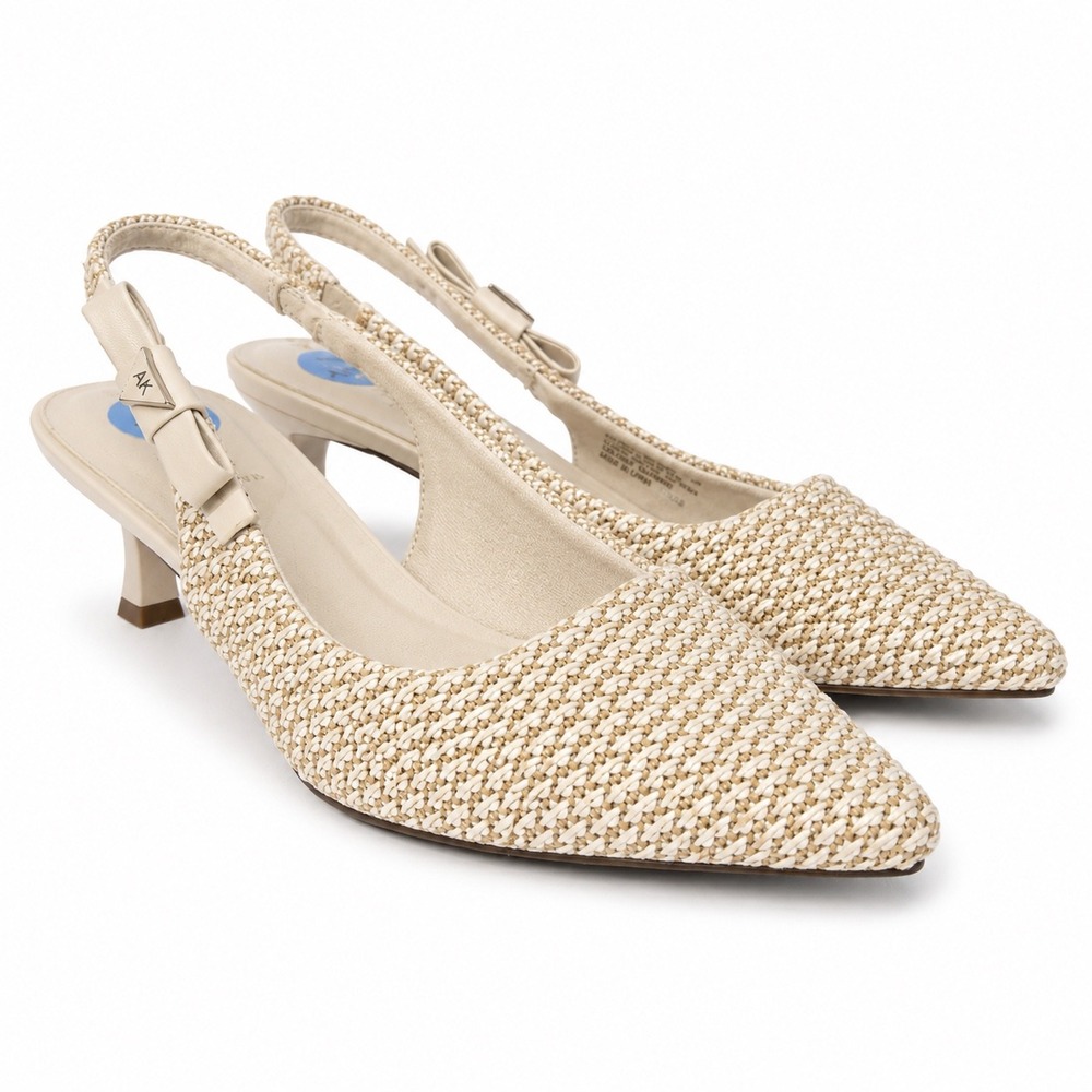 Anne Klein Abbey Woven Slingback Pumps Cream Tan Kitten Heel IBBE01F9 Womens 7.5
